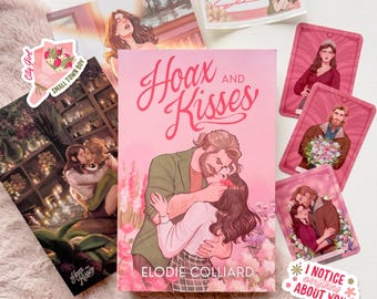 May include: A collection of romantic themed items, including a book titled "Hoax and Kisses" by Elodie Colliard, stickers, and illustrated cards. The book cover features a couple embracing. The stickers and cards have illustrations of couples and text.