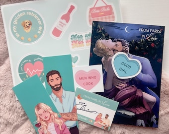 May include: A collection of stickers, bookmarks, and a book cover featuring illustrations and text. The stickers include a golden retriever, a wine bottle, and a pink purse. Bookmarks depict couples, and the book cover reads "From Paris, In Love."