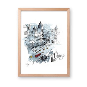 Plaça Catalunya Barcelona original watercolour, Plaza Catalunya Barcelona painting, Barcelona travel art, Bus Taxi Barcelona, Kakimori pen