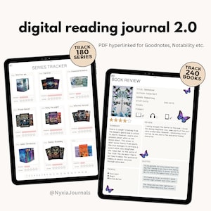May include: Digital reading journal 2.0 on two tablets. One tablet displays a series tracker for 180 series, the other a book review template for 240 books. The text includes "PDF hyperlinked for Goodnotes, Notability etc."