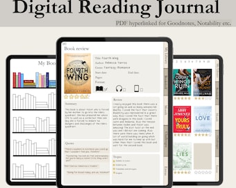 Cyfrowy dziennik czytania, dziennik czytania, moduł śledzenia książek, lista czytelnicza, dziennik Goodnotes, cyfrowa półka na książki, planer czytania dla iPada