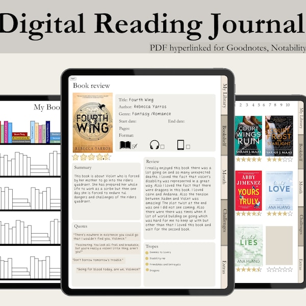 Diario de lectura digital, Registro de lectura, Rastreador de libros, Lista de lectura, Diario Goodnotes, Estantería digital, Planificador de lectura para iPad