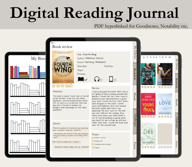 Diario de lectura digital, Registro de lectura, Rastreador de libros, Lista de lectura, Diario Goodnotes, Estantería digital, Planificador de lectura para iPad imagen 1