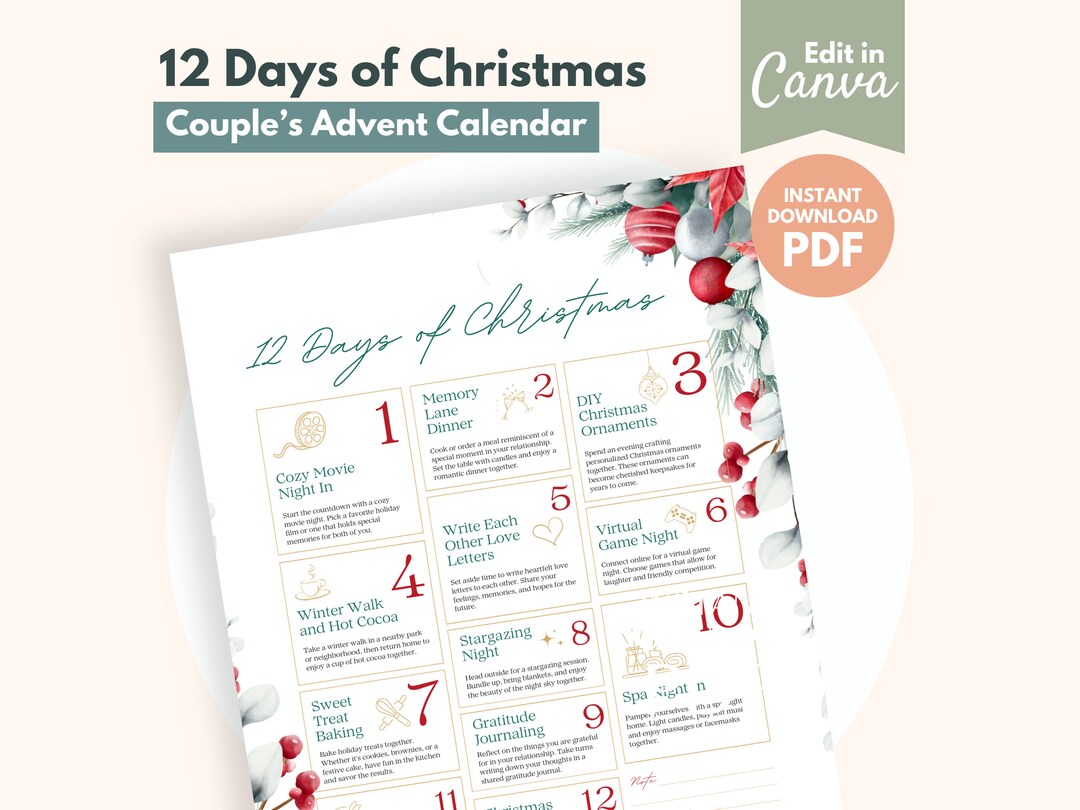12 Days of Christmas Advent Calendar for Couples Printable Christmas