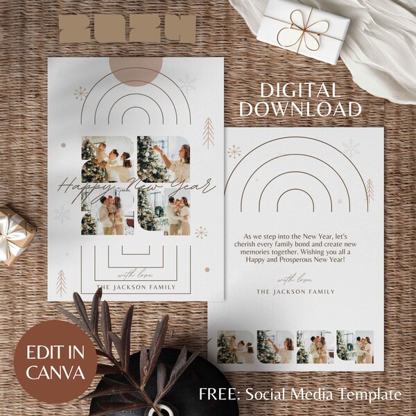 Customizable Happy New Year Card with Photo Canva Template, Editable and Printable Personalized Greeting Cards for New Year 2024 Boho Arch