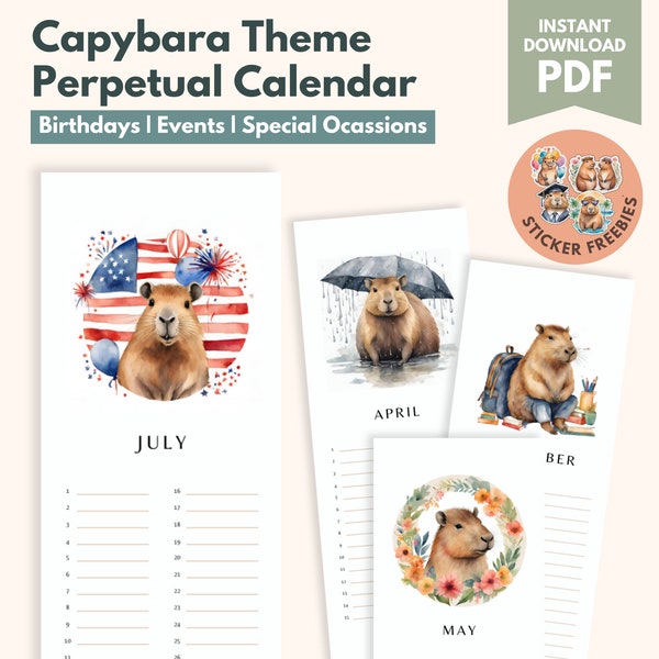 Capybara Printable Perpetual Calendar, Perpetual Birthday Calendar For Animal Lovers,  Animal Calendar, Event Calendar, Perpetual Day Date