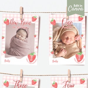 Modelo de banner de foto de primeiro aniversário da Berry Canva, decorações de primeiro aniversário da Berry, cartões editáveis de marco do primeiro ano do bebê com fotos