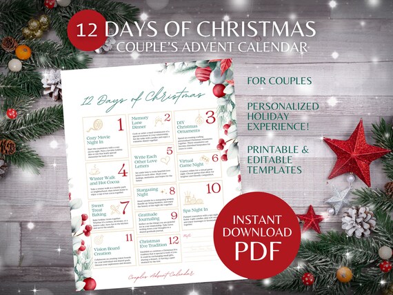 12 Days of Christmas Advent Calendar for Couples Printable Christmas  Countdown for Couples, Advent Calendar for Adults - Etsy