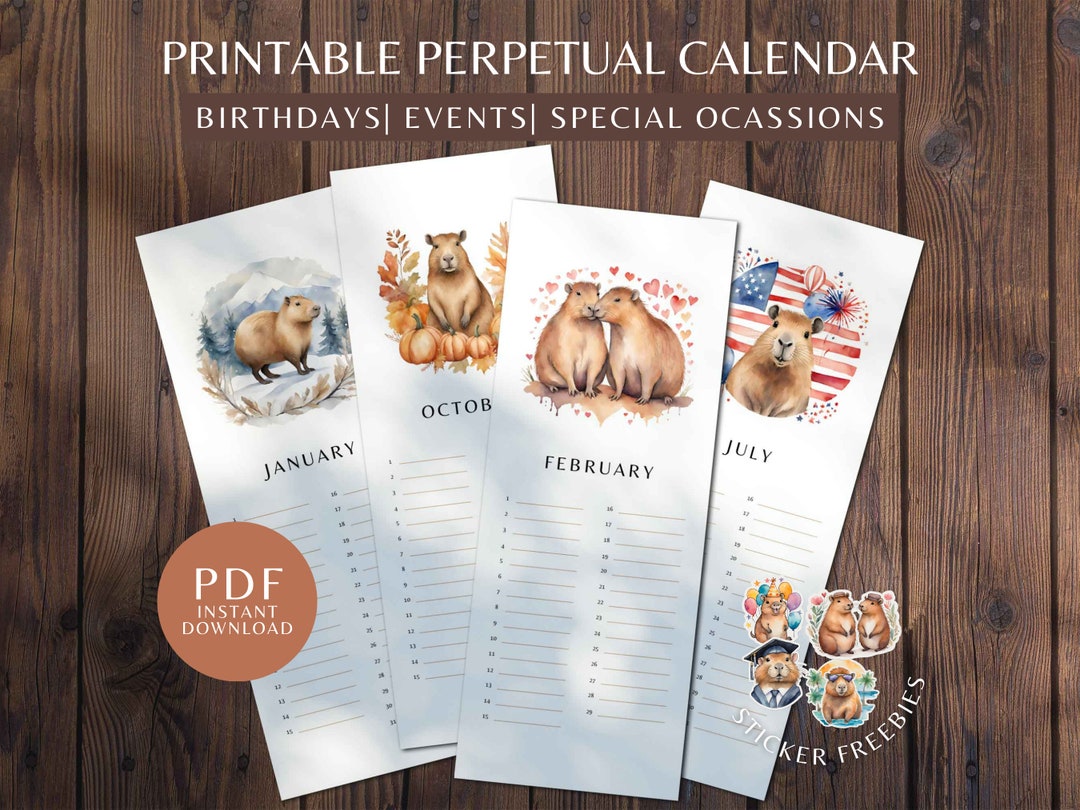 Capybara Printable Perpetual Calendar, Perpetual Birthday Calendar for
