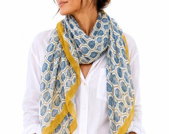 100% Indian Cotton Scarf – Handprinted – Size 100x180 cm – Lightweight Shawl & Summer Sarong -Mother's day giftgif