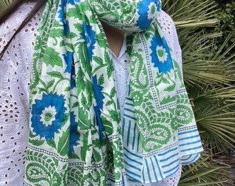 Grand foulard Block Print Sanganer, Chèche, foulard Femme, Etole, Paréo,Sarong, Cadeau femme