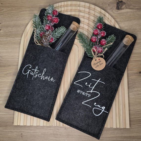 Geschenkverpackung Filz – Gutschein oder Zeit statt Zeug – Weihnachtsgeschenkidee –  Geschenkverpackung mit Reagenzglas