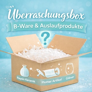 Könnte beinhalten: Ein geöffneter Karton mit weißem Verpackungsmaterial, mit dem Text "Überraschungsbox" und "B-Ware & Auslaufprodukte". Über der Box befindet sich ein Fragezeichen. Auf der Box sind Illustrationen einer Vase, einer Papierrolle und eines Glases abgebildet.