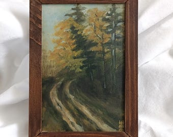 Peinture à l'huile de paysage d'automne : cadre en bois fait main, art de la forêt