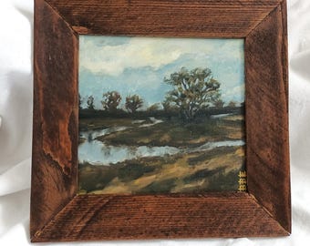 Cloudy Creek, Landscape Oil Painting, Handmade Wood Frame, 5.5x5.7"