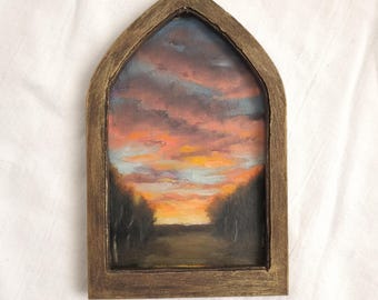Fiery Autumn Sunset, Original Oil Painting & Print, Gothic Gold Window Frame