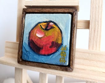Red Apple Painting: Mini Oil Still Life with Handmade Frame, Tiny Art for Kitchen