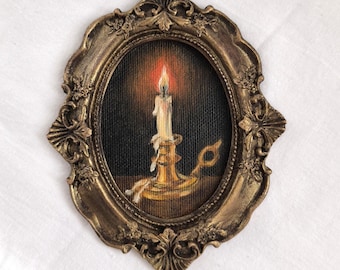 Sfeervol kaarslicht, ingelijst mini origineel olieverfschilderij, vintage gouden kaarsenhouder kunstprint