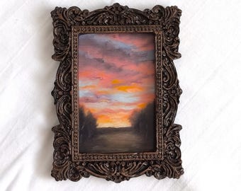 Autumn Sunset Landscape Original Artwork Print, Baroque Framed Tiny Painting