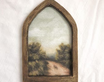 Mediterranean Landscape Original Painting Print, Mini Gothic Church Window Frame, Countryside Rustic Wall Art