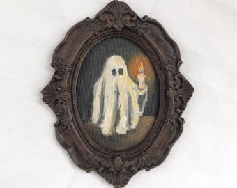 Mini dipinto a olio con cornice raffigurante un fantasma - Arte spettrale, fatto a mano (9,5 × 11,5 cm)