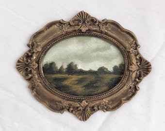 Klein handgemaakt pastoraal landschapsolieverfschilderij, antiek gouden sierlijke lijst landkunstwerk