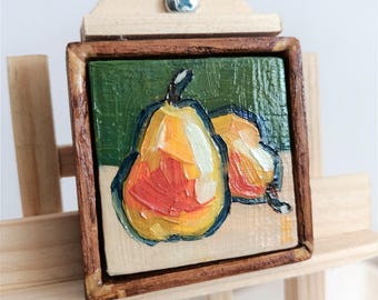 Pears Still Life Oil Painting: Mini Fridge Art, Tiny Kitchen Decor