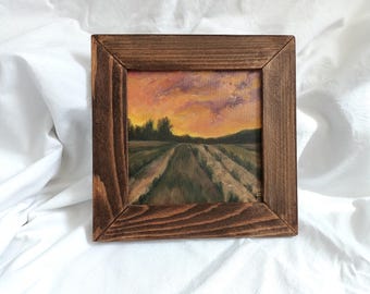 Golden Sunset, Oil Painting: Small Landscape Art in Handmade Wood Frame