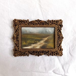 tiny rural landscape original oil painting in a handmade vintage style ornate frame, antique gold framed art, small moody scenery painting