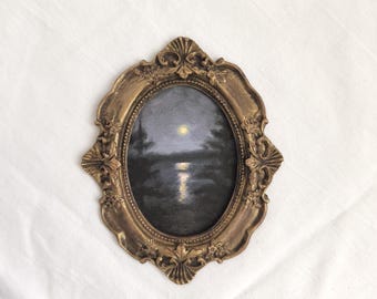 Moonlit Gate, Tiny Handmade Oil Painting Print: Dark Moody Art Antique Gold Ornate Frame
