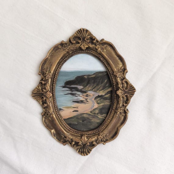 Coastline Landscape Original Painting Print, Gold Framed Seascape Mini Painting