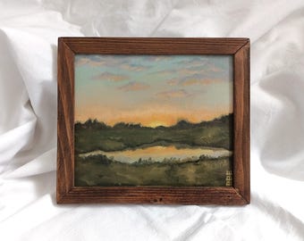 Evening Pond, Oil Painting: Small Landscape Art with Handmade Wood Frame