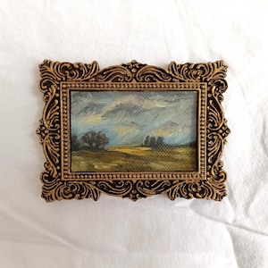 tiny field landscape original oil painting in a handmade vintage style ornate frame, antique gold framed art, small moody scenery painting