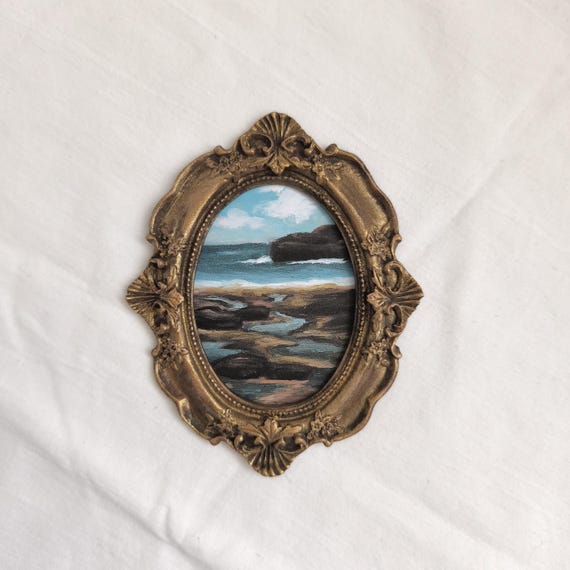 Rocky Seashore Tiny Original Painting Print, Gold Framed Seascape Mini Painting