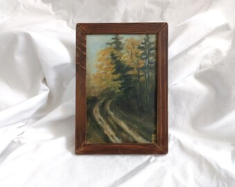 Autumn Landscape Oil Painting: Handmade Wooden Frame, Forest Art