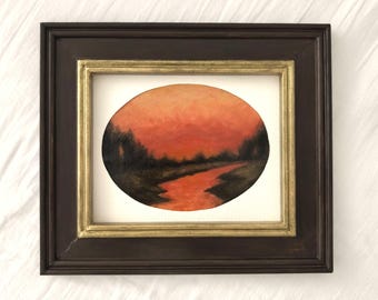 Scarlet Dawn, Original Tonalist Landscape Oil Painting, Framed Artwork