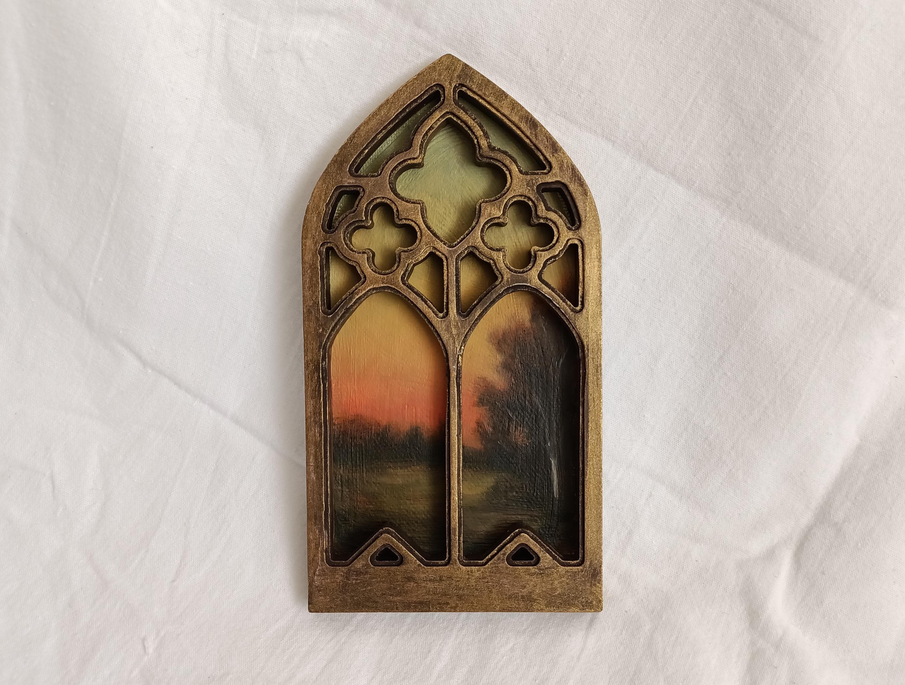 Tonalist Sunset Oil Painting in Handmade Antique Gold Church Window Frame