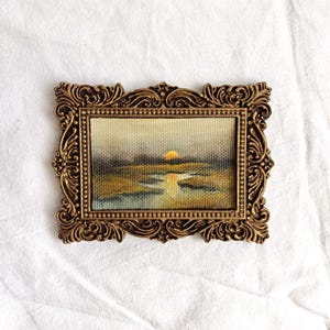 tiny moody scenery original oil painting in a handmade vintage style ornate frame, antique gold framed art, small landscape oil painting