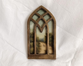 Small Landscape Oil Painting in Handmade Antique Gold Church Window Frame