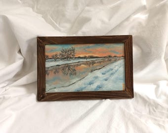 Frozen Sunset, Oil Painting: Handmade Framed Winter Landscape Art