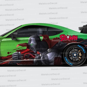 May include: A green sports car with a custom paint job featuring a black and red graphic of the comic book character Spawn. The car has black wheels with blue accents and the word "Spawn" is written on the side of the car.
