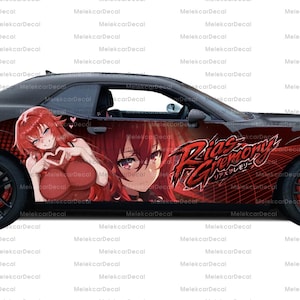 May include: A black sports car featuring a large side decal of a red-haired anime character making a heart shape with their hands. The graphic includes the text Rias Gremory in a stylized red font, set against a dark red grid pattern background.