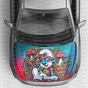 Papa Smurf Vinyl Hood Decal – Cartoon Car Sticker– Funny Papa Smurf Art Hood Design | Vehicle Car Hood Decal | Car wrap