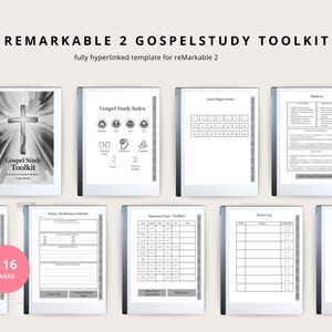 May include: A digital template for reMarkable 2 tablets, titled "REMARKABLE 2 GOSPELSTUDY TOOLKIT." The template includes various pages for gospel study, such as an index, chapter guides, and logs. The image shows 116 pages.