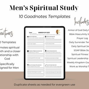 Peut inclure: Une tablette numérique affichant un modèle d'étude spirituelle. Le texte indique "Men's Spiritual Study" et "10 Goodnotes Templates". Comprend 10 modèles, favorisant la croissance spirituelle et conçus pour les hommes. Inclut divers planificateurs et journaux.