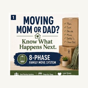 Peut inclure: Un panneau d'information blanc avec du texte bleu foncé et vert indiquant Moving Mom or Dad? Know What Happens Next. 8-Phase Family Move System. Le panneau présente une liste d'étapes incluant Plan, Sort, Decide, Move, Settle In et Close Out.
