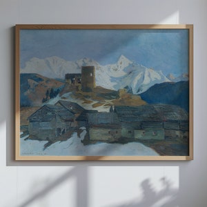 以下が含まれることがあります： 背景に石の塔がある山岳村を描いた絵画。村は雪に覆われた山々が遠くに見える谷に位置している。空は薄い青色で雲がかかっている。絵画は、細部に焦点を当てた写実的なスタイルで描かれている。
