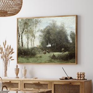 May include: A framed painting depicting a landscape scene with a group of people walking through a forest. The painting is in a muted colour palette of greens, browns, and blues.