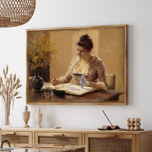 Señora escribiendo una pintura de letras, impresión de arte vintage, arte de pared con impresión de lienzo, descarga digital, reproducción de pintura antigua impresa y enviada