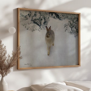 Puede incluir: Una impresión enmarcada de un conejo blanco en un entorno de bosque nevado. El conejo está mirando directamente al espectador. La impresión está firmada "Bruno Liljefors 1860".
